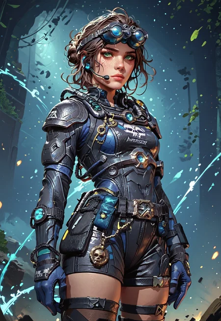 ((zPDXL3)), ((masterpiece,best quality, highly detailed)), ((score_9)), score_8_up, score_7_up, score_6_up, score_5_up, score_4_up, Digital painting style, brushstrokes, ((EnhanceImage)), solo, 1girl, AliasDeepDCODXL, green eyes, brown hair, short hair, sidelocks, single hair bun, headset, googles on head, medium breasts, black armor, shoulder pads, blue bodysuit, black bodysuit, multicolored bodysuit, skull print, blue gloves, black belt, black shorts, black thighhighs, black boots,
Expressiveh, 30yo, adult lustful confident woman, petite, slender body, perky saggy natural breasts, full lips, bangs, sidelocks, straps,
chinese magical sorceress, animated, swirling magic, wisps of magic, dancing pose, tight squeezed outfit, magical accessories, evoking motion, conveying motion, dynamic splash art,
<lora:PainterlyFantasiaPDXL:0.6>,