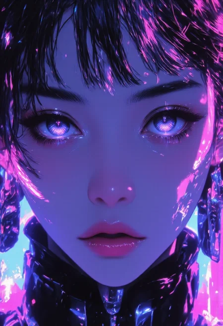(A stunning anime-style upper body portrait of a female android girl with light brown hair tied into two thick twin tails. Her eyes are a deep mix of black and steel gray, gazing forward with an emotionless expression. She has thin eyebrows, flawless pale skin, and her face shows no visible emotionâcold and robotic, yet subtly elegant. Glowing cyber-neon tattoos trace geometric lines and arcane symbols across her face, gently illuminating her features with a soft blue and violet glow. Her appearance merges organic beauty with mechanical design. The background is minimalistic and blurred to focus attention on the girl, but scattered with subtle neon lights and soft glows that evoke a futuristic city atmosphere. Illustrated in high-detail ink style, with bold strokes, clean linework, and fine-texture shading. The artwork is a vivid concept art masterpiece, ultra high resolution (4K, 8K), emphasizing color vibrancy, anime aesthetics, and cyberpunk elegance. Bright neon reflections dance softly on her skin and hair, giving the whole composition a dreamy, otherworldly aura.), <lora:Elden_Ring_-_Yoshitaka_Amano:0.3>, <lora:aesthetical:0.9>, <lora:Midjourney_Lucid_Dreams_FLUX_LoRA-000001:0.7>, <lora:fantasy-flux-v1:0.8>, <lora:m:0.75>,  <lora:holographic-flux_fast_1:0.8>, (glowing eyes)