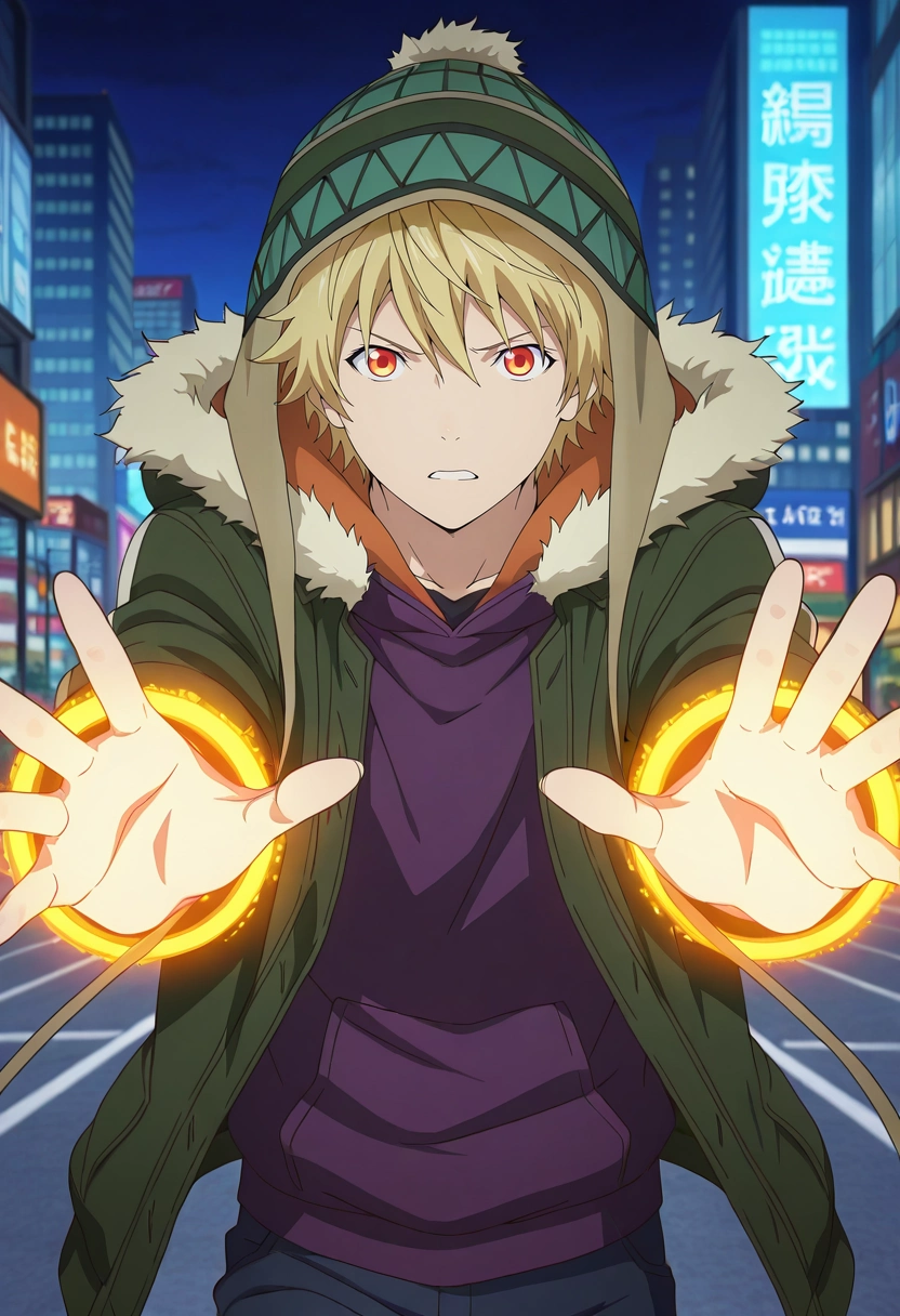 masterpiece, best quality, intricate details, anime screencap, anime coloring, official style, looking at viewer, 1boy, solo, male focus, <lora:yukine_noragami_ilxl:0.9>, yukine_noragami, blonde hair, red eyes, orange eyes, hood, fur trim, hat, modern city, speeding cars, glowing signs, glass skyscrapers, running pose, intense expression, late-night chaos,