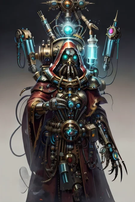 ((masterpiece,best quality)), absurdres, mechanical arms, robes, hood, (techpriest), cyborg, mechanical face, (AetherPunkAI)