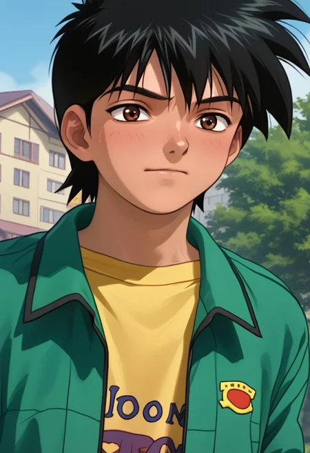 1boy, solo, Hajime Aoyama, Black Hair, Brown Eyes, Green Jacket, Yellow T-Shirt, Khaki Pants , 1990s Anime, Retro Anime Style