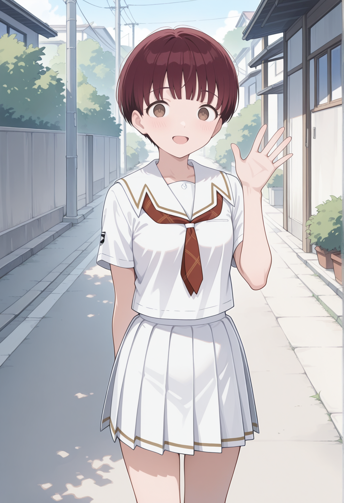 1girl, red hair, very short hair, brown eyes, white serafuku, pleated skirt, short sleeves, waving, outdoors  <lora:nana_narumi_kimikiss:1>, masterpiece, best quality, amazing quality, very aesthetic, absurdres, highres, newest
