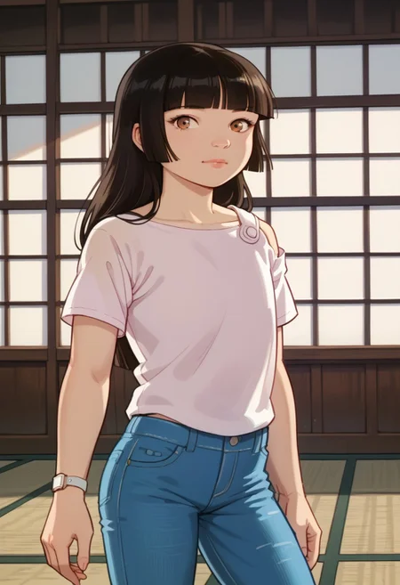 score_8, score_8_up, score_7_up, 1girl, female focus, solo, Atsuko_IG, brown eyes, asian, black hair, long hair, blunt bangs, flat chest, Asymmetrical clothes,  Asymmetrical sleeves, t-shirt, white shirt, wristwatch, jeans, blue pants, denim, cowboy shot, looking at viewer, v, indoors, shouji,