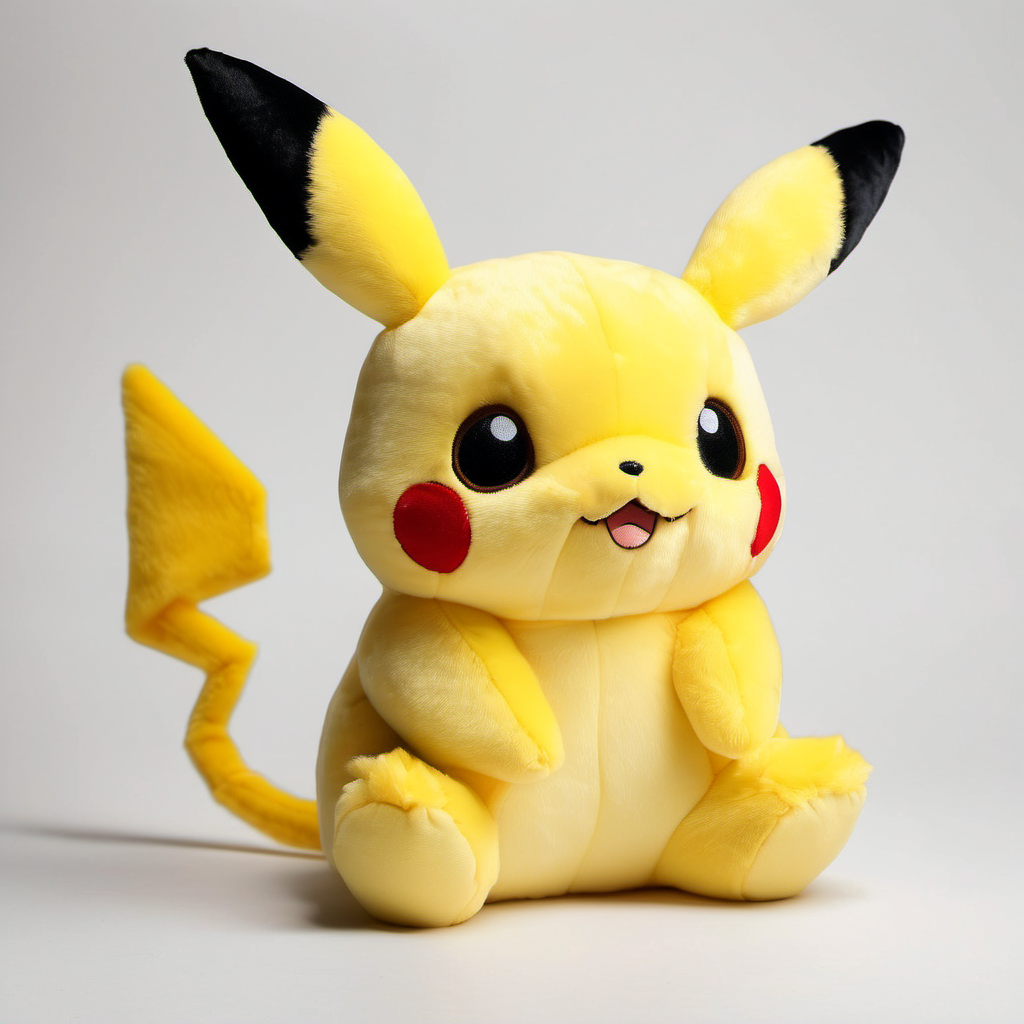 <lora:stuffed-toy_XL:1>,stuffed-toy,pikachu, no humans, pokemon \(creature\), solo, white background, simple background, :3, sitting, full body, looking at viewer, realistic, black eyes, yellow theme