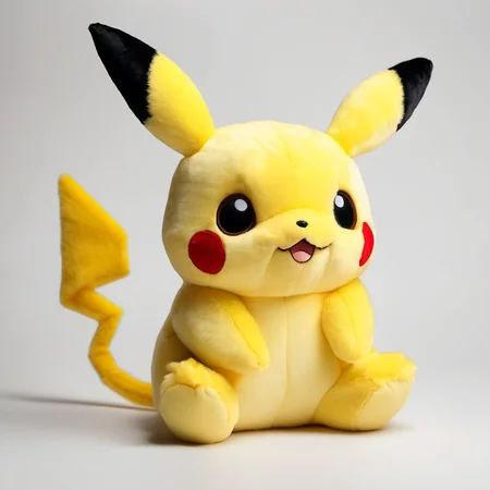 <lora:stuffed-toy_XL:1>,stuffed-toy,pikachu, no humans, pokemon \(creature\), solo, white background, simple background, :3, sitting, full body, looking at viewer, realistic, black eyes, yellow theme