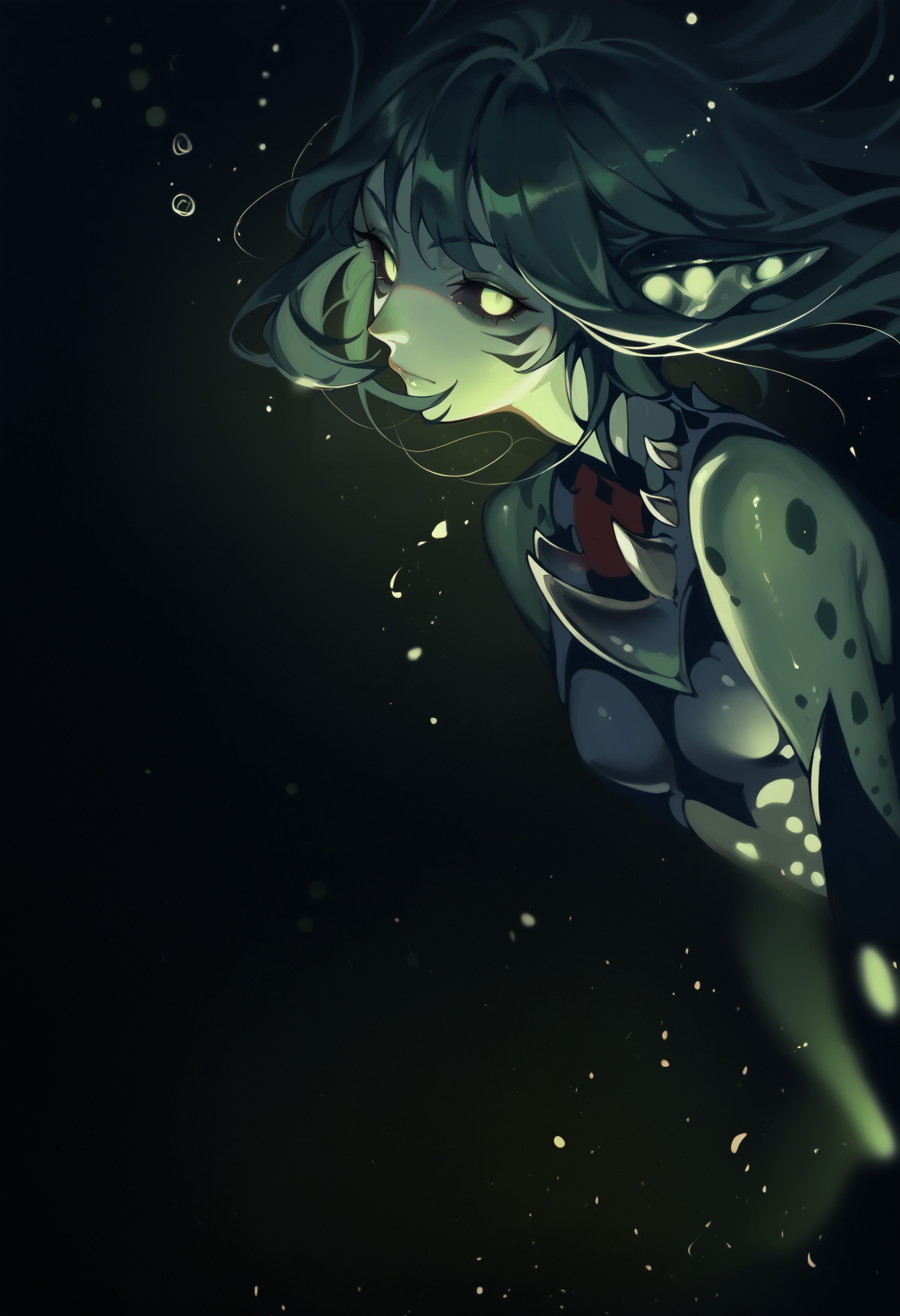 score_9, score_8_up, score_7_up, score_6_up, source anime, 
swell shark, bioluminescence, glowing skin, bokeh, spotted markings, green glow, green skin,
shark girl, 1girl, monster girl, black sclera, fins, colored sclera, solo, underwater, glowing chest, looking at viewer,
from side ,
black background, backlighting, dark theme,
masterpiece, best quality, very aesthetic, absurdres
<lora:bioluminescence_monmusu_v15:1>