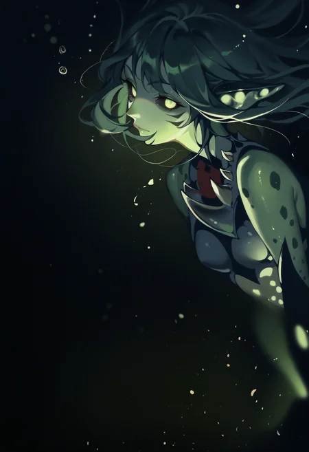 score_9, score_8_up, score_7_up, score_6_up, source anime,
swell shark, bioluminescence, glowing skin, bokeh, spotted markings, green glow, green skin,
shark girl, 1girl, monster girl, black sclera, fins, colored sclera, solo, underwater, glowing chest, looking at viewer,
from side ,
black background, backlighting, dark theme,
masterpiece, best quality, very aesthetic, absurdres
<lora:bioluminescence_monmusu_v15:1>