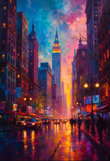 Painterly, Salvador Dali Style Art, 2025 New York City, vibrant glow, bokeh