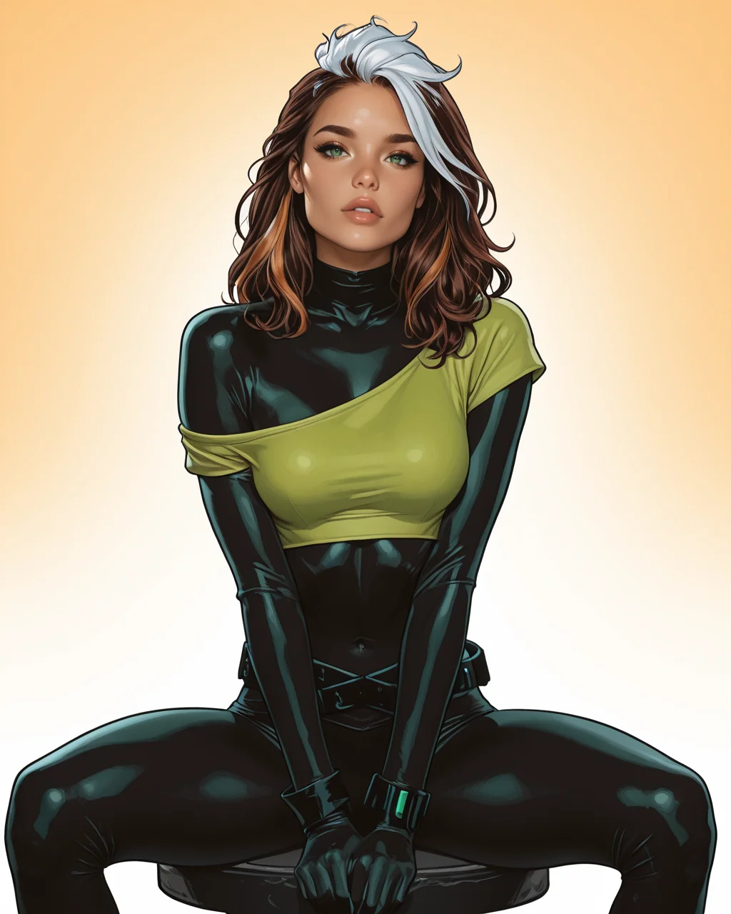 masterpiece, best quality, absurdres, perfect quality, absolutely eye-catching, <lora:JeffSpokesIllus:1> jspokes, <lora:Rogue80sPunkIllus:1> roguepunk, brown hair, white hair, two-tone hair, green eyes, bodysuit, crop top, off shoulder, belt, looking at viewer, seductive, sexy, sitting, v arms, spread legs, parted lips, leaning forward,