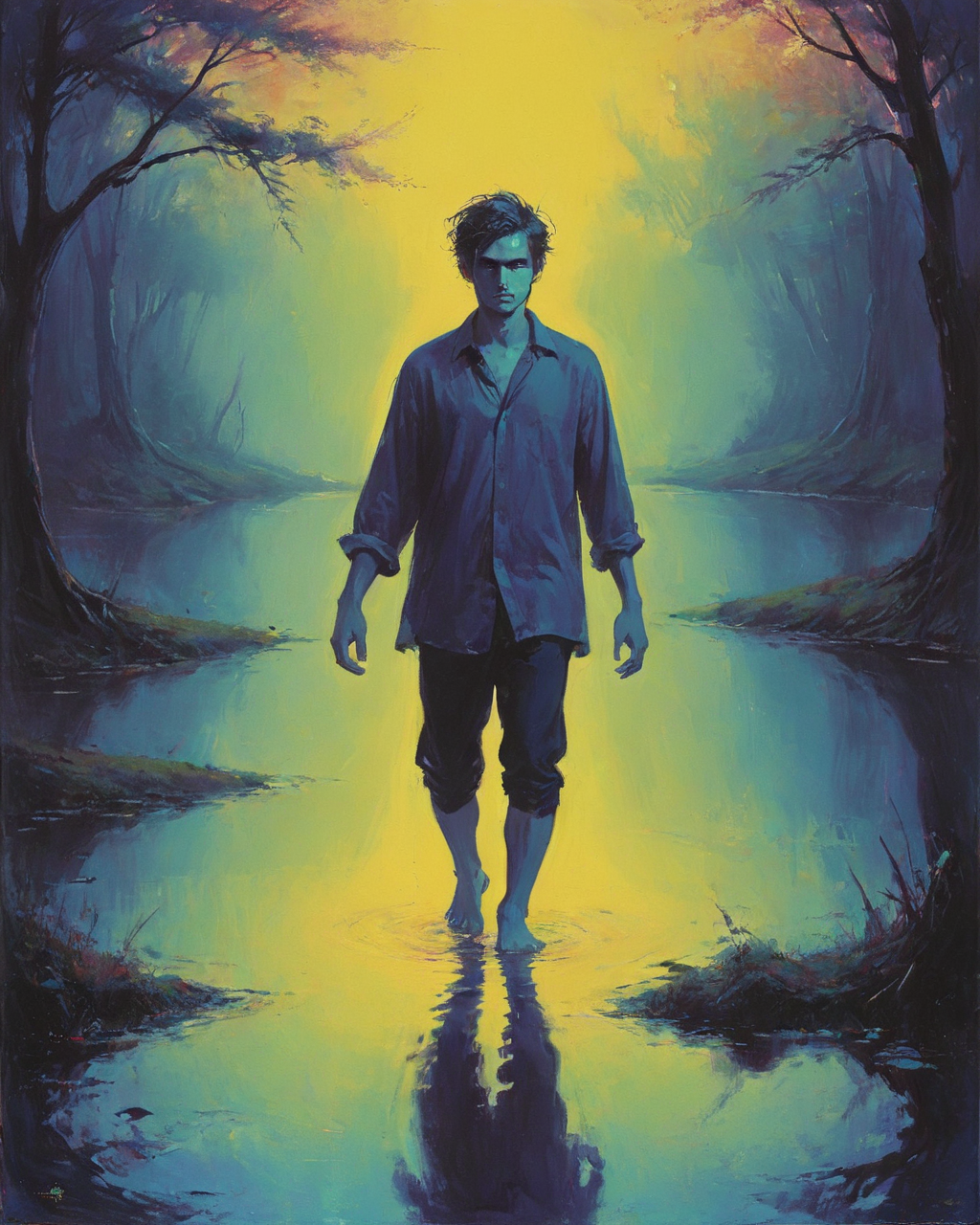 Mystical Guy Walking in a Pond, <lora:Bold_Pop:1>