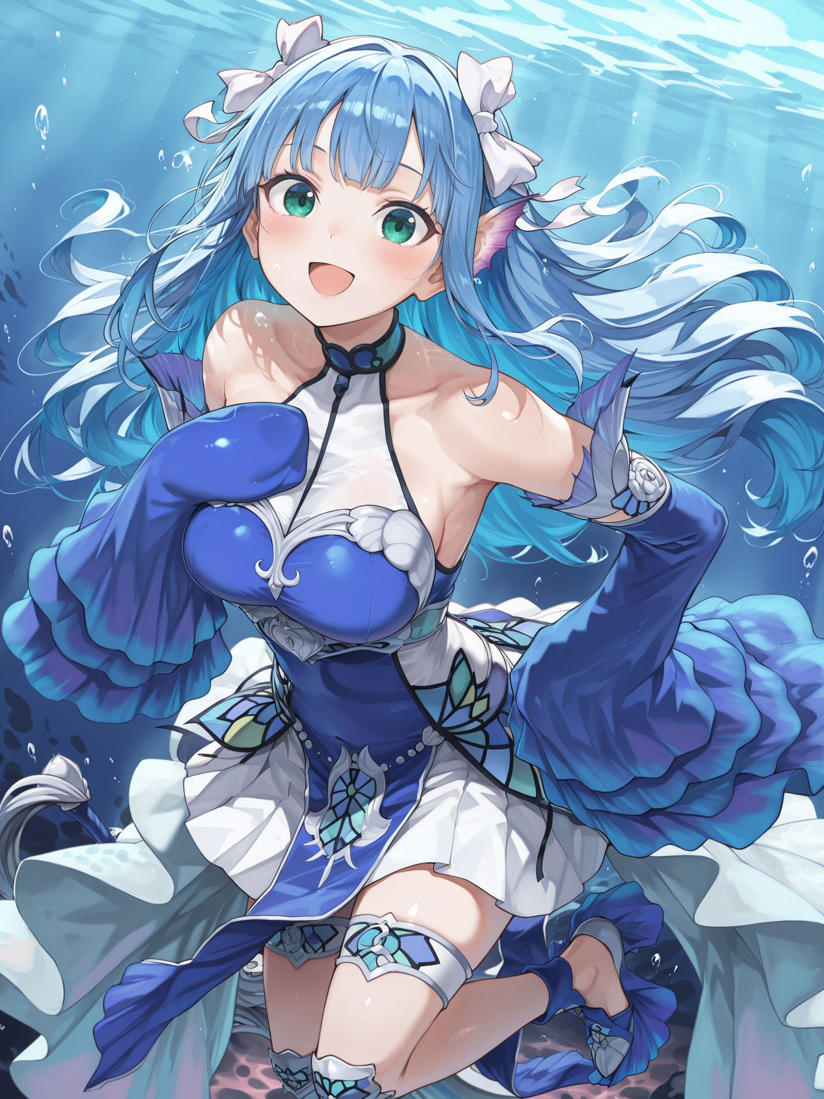calf fins, yukiko umino,1girl,solo,open mouth,smile,looking at viewer,:d,large breasts,blush,white hair ribbon,ocean,underwater,blue detached sleeves,blue theme,air bubble,hand on hilt,white pleated skirt,sleeves past fingers,silver thigh strap,silver knee pads,floating,hands on own hips,sleeves past fingers,hands up,hands on own chest,
masterpiece,best quality,amazing quality,very aesthetic,absurdres,newest,<lora:Yukiko Umino & Mei Kitaki & XXXX  5 in 1 illusXL v1:0.8>,<lora:Tearlaments kitkallos illuXL v234:0.7>,