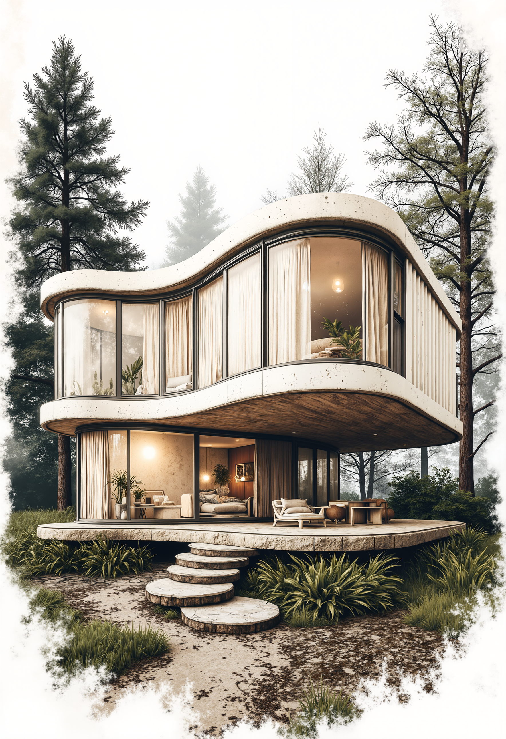 pst010, A luxurious big white creative container villa in the forest, natural, realistic, natural scenery, panoramic view, wide angle of super distance