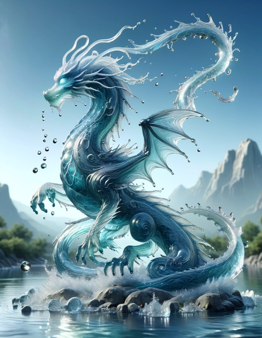 (watercd:1.2, brightness, transparent:1.3) chinese dragon, east dragon, (abstract:1.3), (solo:1.2), flying, water drop, dropping, no humans, high quality, masterpiece, realistic, photorealistic, (outdoors, on the surface of the water, the water splashed in all directions, full body, close-up) <lora:watce-sdxl-v2:1> watce