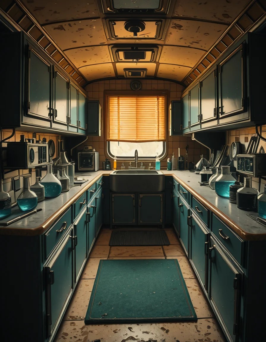 The interior of an old RV converted into a clandestine drug laboratory, inspired by the TV series Breaking Bad. The space is cramped and messy, filled with scientific equipment, glass beakers, flasks, burners, chemical containers, and lab tools scattered around. The walls are aged and stained, with peeling wallpaper and old metallic cabinets. A small sink area is cluttered with dirty lab glassware. The lighting is dim and tinted yellow, with sunlight barely filtering through dusty blinds. The floor is grimy, with a mix of rubber mats and worn carpet. The overall atmosphere is tense and gritty, capturing a sense of secrecy and danger. Hyper-realistic style, cinematic composition, rich in textures and shadows.
<lora:SDXLFaeTastic2400:0.4> <lora:extremely_detailed:0.4> extremely detailed,old RV drug l4b0r4t0ry, <lora:old_RV_drug_l4b0r4t0ry-i:1>, Masterpiece,best quality,hi res,8k,hi res,8k,award winning,(sharp focus, intricate, highly detailed),