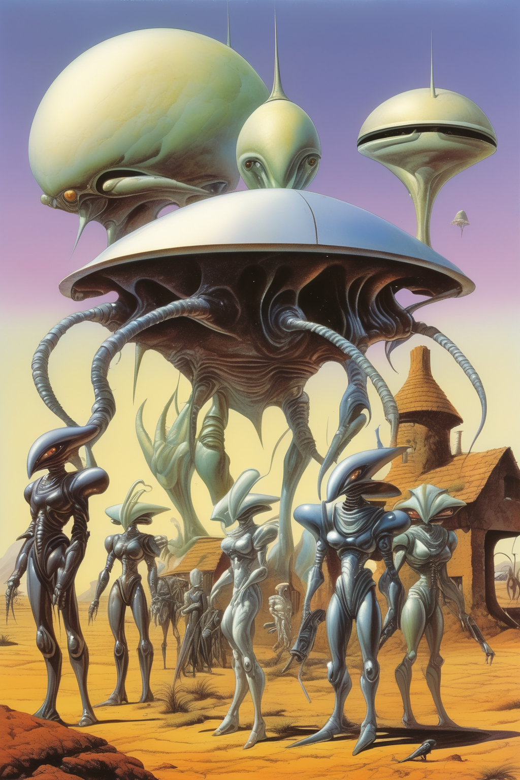 <lora:Rodney Matthews Style:1>Rodney Matthews Style - A group photo of aliens and robots, and with a farm house in the background, in the style of Roger Dean and Jim Burns
