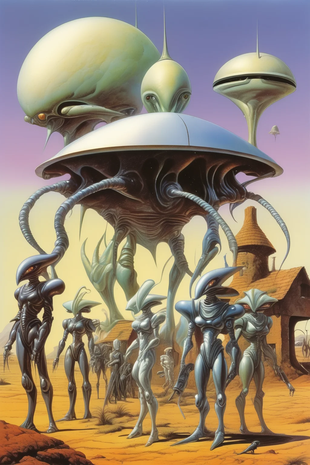 <lora:Rodney Matthews Style:1>Rodney Matthews Style - A group photo of aliens and robots, and with a farm house in the background, in the style of Roger Dean and Jim Burns
