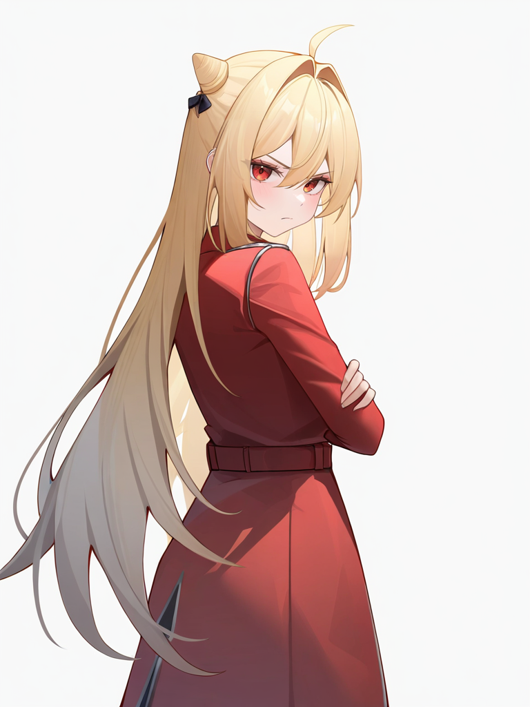 1girl,,looking at viewer,solo,very long hair,white background,xixueji,blonde hair,hair bun,red jacket,arms_crossed,cowboy_shot,looking_at_viewer,scowl,facing_away,<lora:xixueji-000016:1.2>, masterpiece, best quality, very aesthetic, absurdres