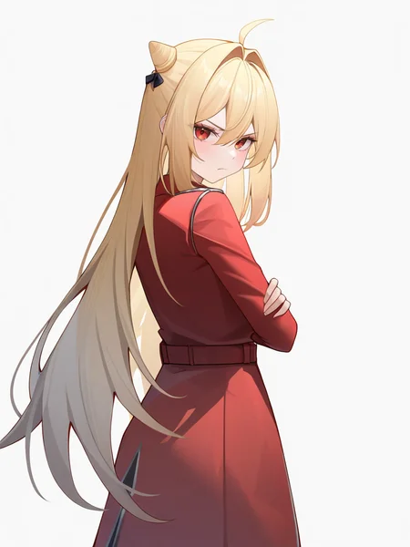 1girl,,looking at viewer,solo,very long hair,white background,xixueji,blonde hair,hair bun,red jacket,arms_crossed,cowboy_shot,looking_at_viewer,scowl,facing_away,<lora:xixueji-000016:1.2>, masterpiece, best quality, very aesthetic, absurdres