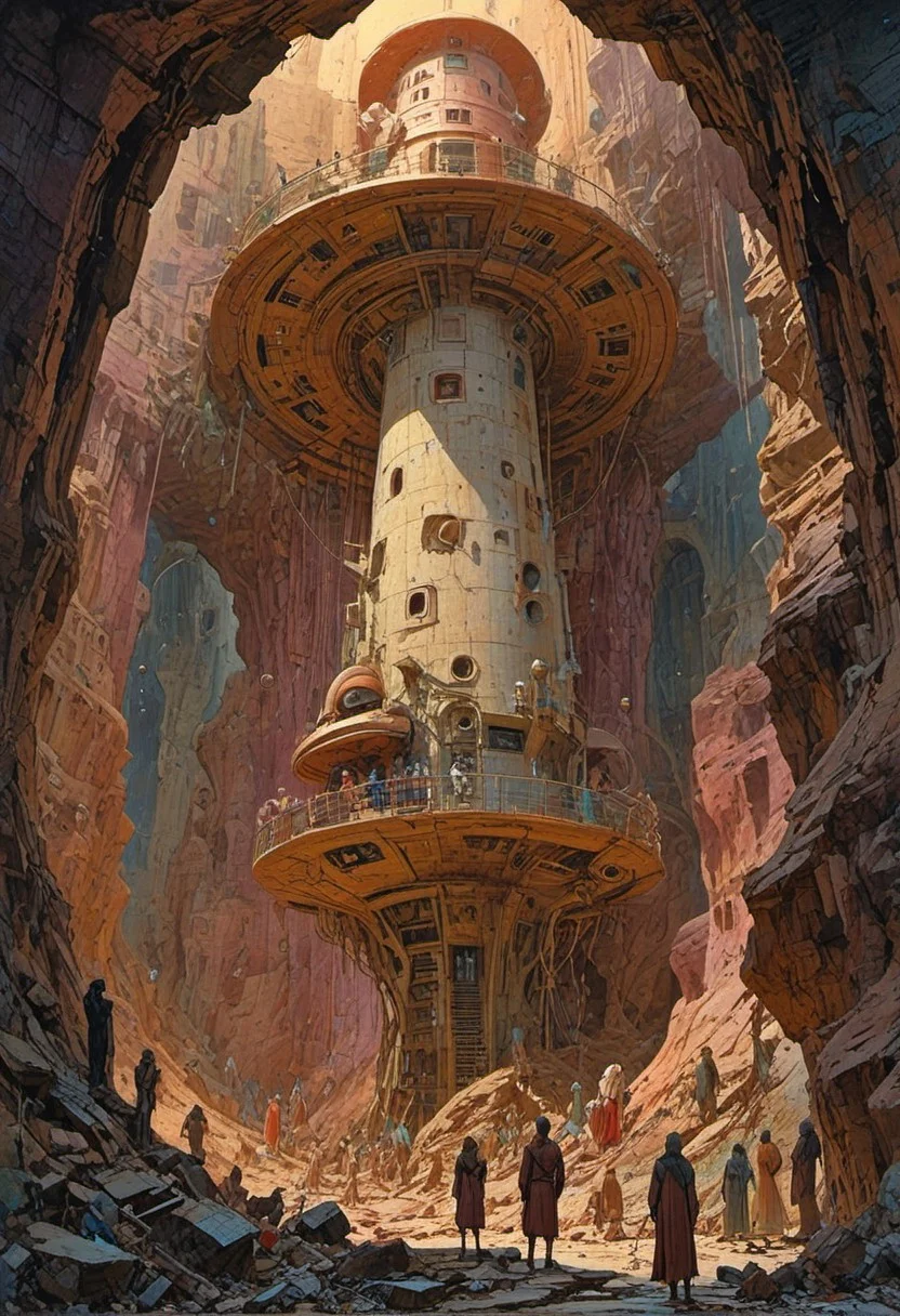 A beautiful blonde crowd, art deco pop artist, all pastel sleek futuristic outfit dress standing in a cave, high quality fantasy art, historic rendering of an old lighthouse, square spaceship , still from alita, japanese art, cinq terre, ryan meinerding, surreal photo, inside the surreal landscape of warped geometry and digital artwork by Beksinski, photo taken on hasselblad, cameron, flat surrealism, ultra detailed, cell shaded, 8k. The composition includes overlapping circles, sharp-edged polygons, and fluid lines, all interwoven to create a sense of rhythm and flow.