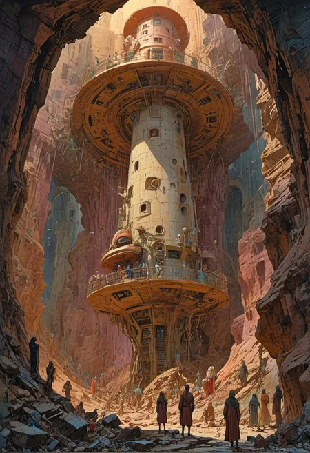 A beautiful blonde crowd, art deco pop artist, all pastel sleek futuristic outfit dress standing in a cave, high quality fantasy art, historic rendering of an old lighthouse, square spaceship , still from alita, japanese art, cinq terre, ryan meinerding, surreal photo, inside the surreal landscape of warped geometry and digital artwork by Beksinski, photo taken on hasselblad, cameron, flat surrealism, ultra detailed, cell shaded, 8k. The composition includes overlapping circles, sharp-edged polygons, and fluid lines, all interwoven to create a sense of rhythm and flow.