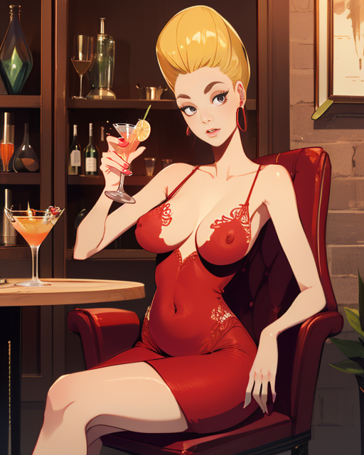 Piklez, blond hair, small breasts,navel ,solo, 
Pikattire,tight red dress , covered nipples,earrings,high heels, covered navel,
 drinks on wall,  cocktail glass ,  sitting in a chair, 
(insanely detailed, beautiful detailed face, masterpiece, best quality)  <lora:Pickles-10v2:0.8>