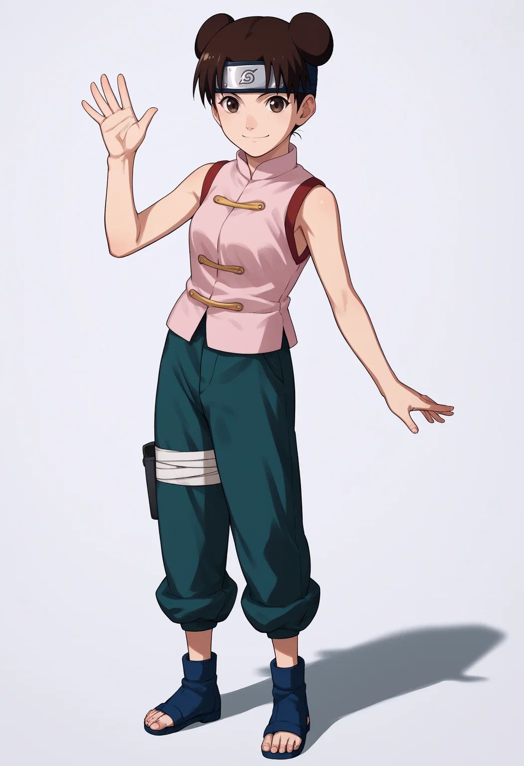 score_9, score_8_up, score_7_up, score_6_up, score_5_up, score_4_up, BREAK, source_anime,
1girl, ytenten, brown eyes, brown hair, short hair, double bun, forehead protector,
konohagakure symbol, bare shoulders, sleeveless shirt, pants, bandages, toeless shoes,
full body, standing, waving, smile, looking at viewer, solo, simple background, white background <lora:TentenGeninXL:1>