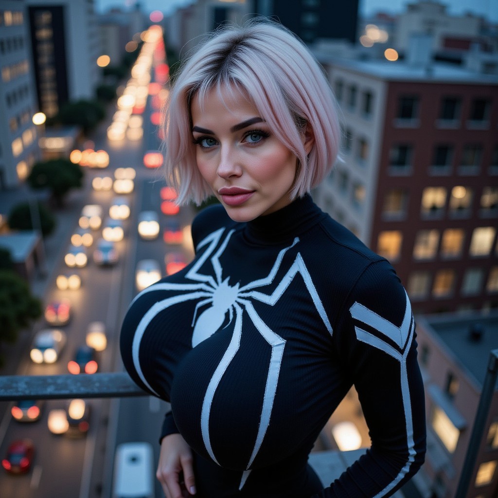 High angle action photography. Closeup oh a gorgeous 18yo woman dressed in a black and white Spiderman suit without a mask on a skyscraper edge at night. She has short bleached white hair with pink highlights and light blue eyes. She is very slender with narrow shoulders and thin waist. She also has extraordinarily gigantic fake-looking bimbo breasts. Vertigo-inducing composition, She is web-slinging. She is wearing a skin-tight black and white suit, impossible suit, with a bold white spider web pattern covering the entire suit. Each breast features a large white spider emblem. Blurry cityscape below. Distant traffic, Dizzying height. Dynamic action, Intense motion.