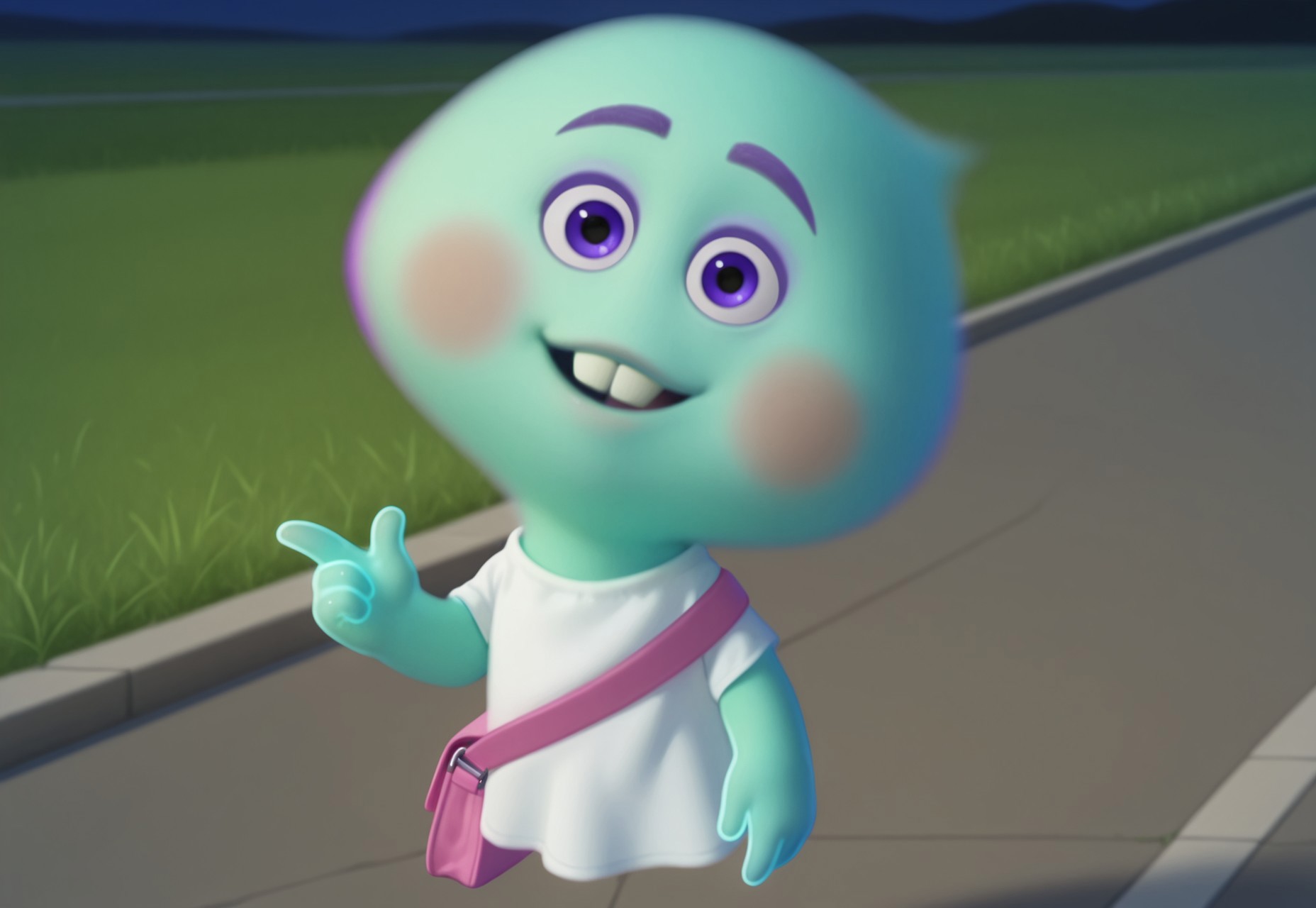 8k, uncensored, masterpiece, best quality, highly detailed, realistic, 1girl, solo, TTSoul, humanoid, floating, legless, purple eyebrows, purple eyes, black pupils, pink blush stickers, light-aqua body, light-aqua lips, buckteeth, head tilt, (white dress, pink shoulder bag), front view, sidewalk, grass, night sky, midnight, outdoors, detailed background, ((4 finger)), looking at viewer, happy