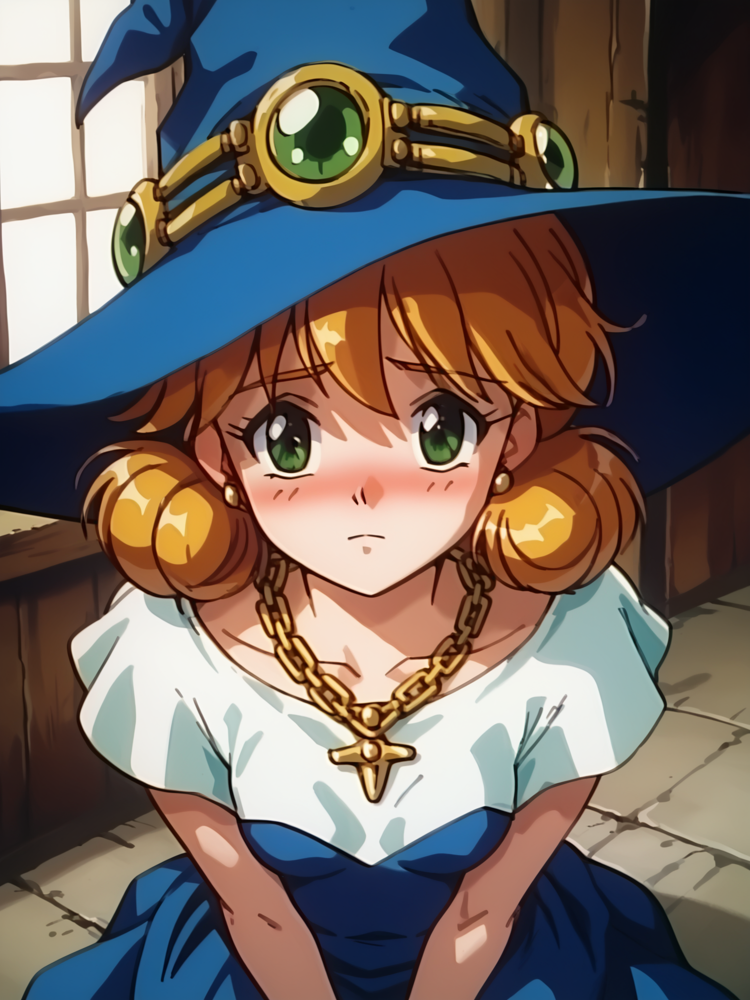 <lora:happy_tentacle-meruru-v0.2-000020:0.9>, ht_meruru, witch hat, blue headwear, chain necklace, small breasts , cowboy shot, 1girl, (petite:1.2), solo focus, shy, blush, (looking at viewer:1.1), indoors , , (depth of field:0.8), from above, [(realistic, photorealistic:1.2):(realistic:1.3):22], [(3d:1.2)::10], <lora:LUUNA's Lunas-NijiJourney-SDXL-B2:0.3>, nijijourney, <lora:prgfrg23's Counterfeit-V3.0 Style SDXL_LoRA_Pony Diffusion V6 XL:0.5> <lora:Shed_The_Skin's StS_age_slider_v1_initial_release:-1>, score_9, score_8_up, score_7_up, score_6_up, score_5_up, score_4_up,