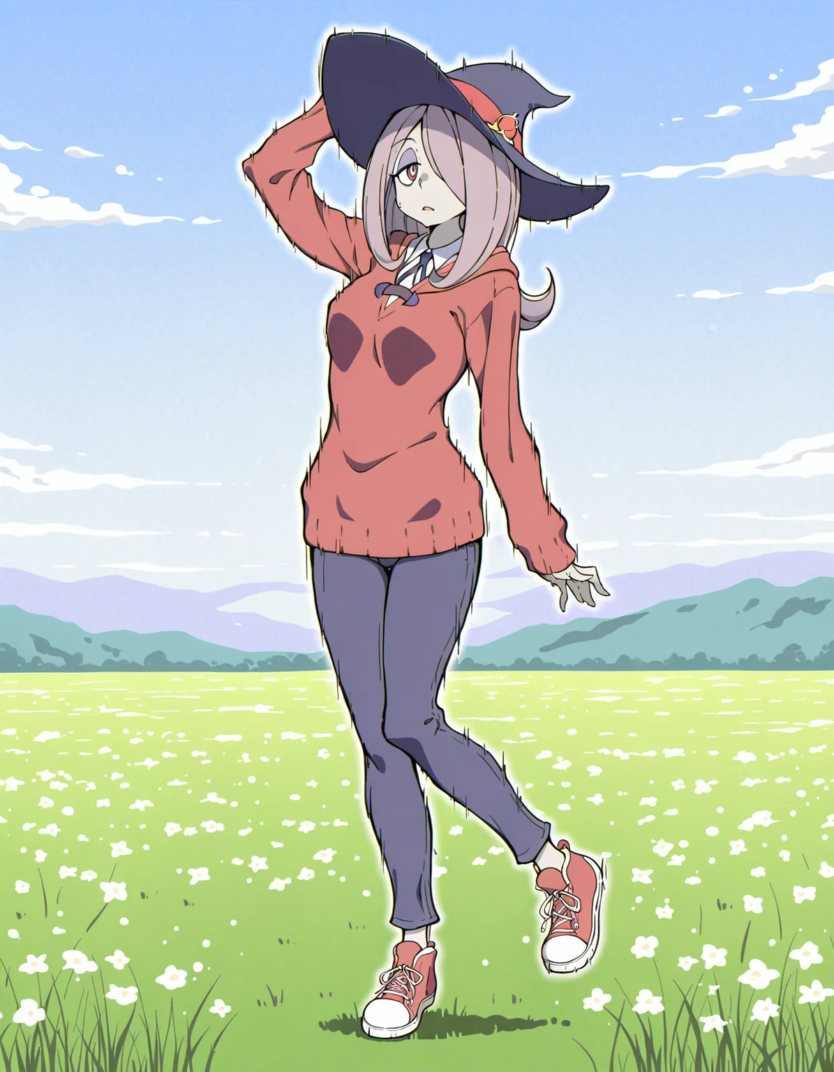 pugeartiststyleil, female character concept,fabulous artwork,best quality,high resolution,Low and wide breasts,Narrow-hipped body,split-complementary color,Red sweater,black pants,and sneakers,Hand on hat brim,Serene meadow,Sucy Manbavaran from Little Witch Academia