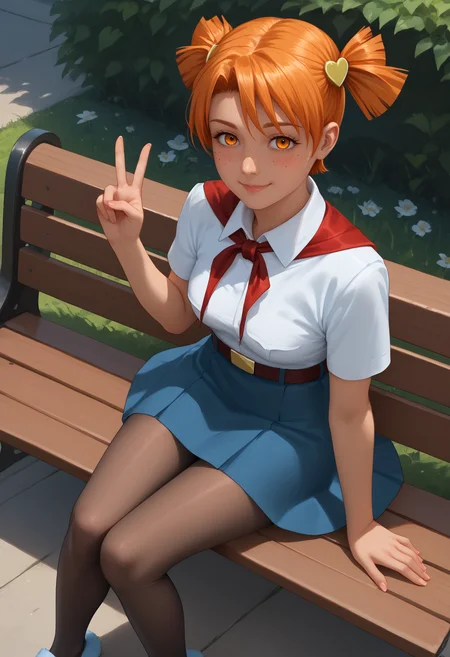 score_9, score_8_up, score_7_up,
best quality, masterpiece, ultra detailed, aesthetic,
22 years old, 168 cm height,
<lora:Expressive_H:1>, light smile, closed mouth, blush, mature, realistic body proportion,
looking at viewer, solo focus, , full body, hand peace sign, from side, pov, close, from above,
<lora:Everlasting_Summer_Alisa_by_GraffMetal:0.7>, aliska, orange hair, twintails, short hair, hair ornament, heart hair ornament, short twintails, right side bangs, orange eyes, face freckles, body freckles, medium breasts, dark-skinned female, dark skin, 1girl, solo,
skirt, pantyhose, sitting, shirt, bench, white shirt, belt, outdoors, short sleeves, ribbon, full body, collared shirt, black pantyhose, red ribbon, neck ribbon, blue skirt, smile, flower, blue ballet slippers,
amazing background, cozy, cinematic, flat horizon,
<lora:Better_Quality_by_GraffMetal_V2.1_Style:0.7>,
<lora:Everlasting_Summer_Vanilla_Style_by_GraffMetal_3.0:0.5>,