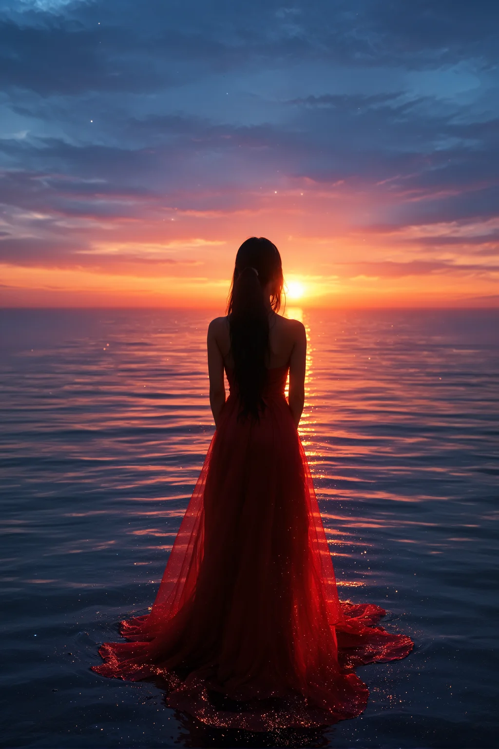 1girl back black hair blue sky day dress facing away fire from behind glowing horizon long dress long hair low ponytail ocean red dress reflection sky solo standing sunset water , volumetric light accent, sea glitter
