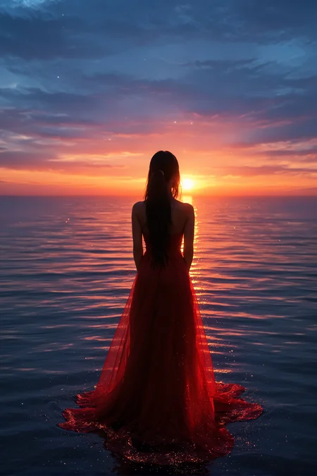 1girl back black hair blue sky day dress facing away fire from behind glowing horizon long dress long hair low ponytail ocean red dress reflection sky solo standing sunset water , volumetric light accent, sea glitter