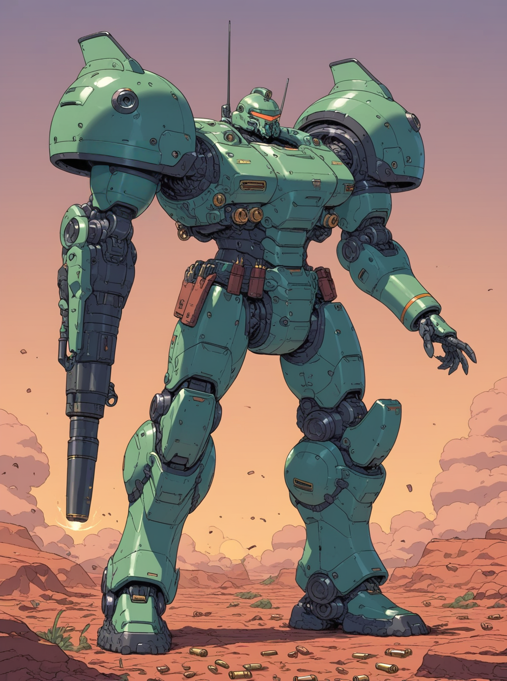 sref120005898, anime, overdesigned heavy armored mecha, big shoulders, arm cannon, energy gun, cartridge belt, visor <lora:sxz-sref120005898:0.8>