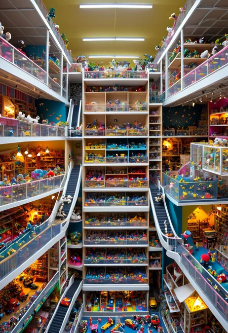 huge toy store. Its shelves and racks are strewn from top to bottom with all kinds of toys. On the lower shelves there are rubber balls, multi-colored pyramids and construction sets. The middle shelves contain soft toys   animals and birds. Top shelves - chic dolls in silk dresses and radio-controlled cars