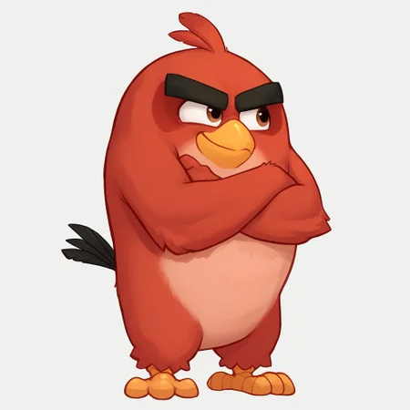 red_bird, b4n4n4d4b0i, angry birds, score_9, score_8_up, score_7_up, score_6_up, score_5_up, score_4_up, source_furry, hi res, sfw. 2D artwork.
red plumage, robust body, black eyebrows, thick eyebrows, small beak, brown eyes, round body, red head tuft, tail feathers, feathered hands, winged arms, under-eye circles, bird, short legs, solo, avian feet.
White background, crossed arms, serious look, smirk, standing, full body.