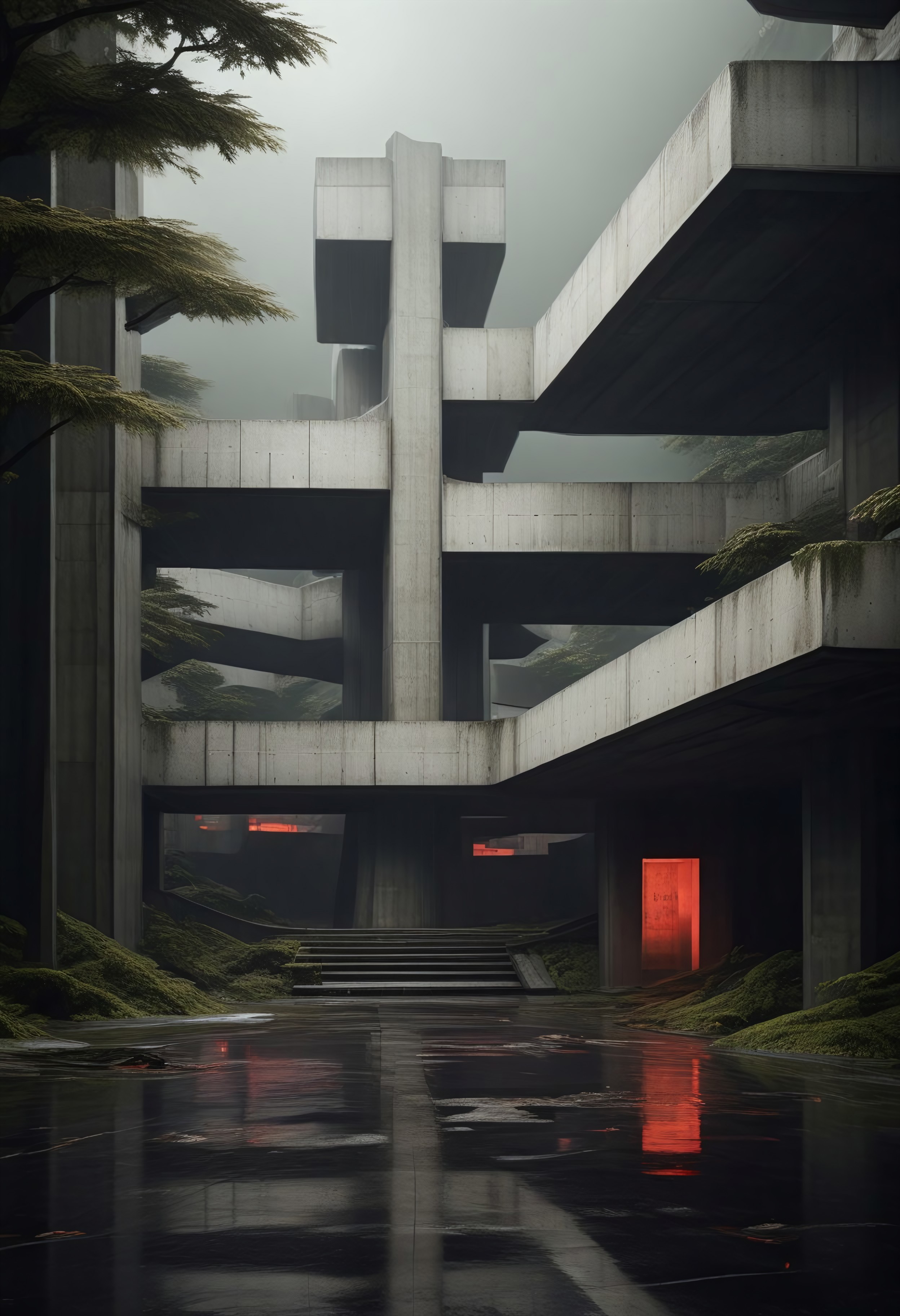 Blame by Tsutomu nihei, no humans, scenery, outdoors, tree, water, torii, building, reflection, architecture, easynegative, deepnegative_v1_75t