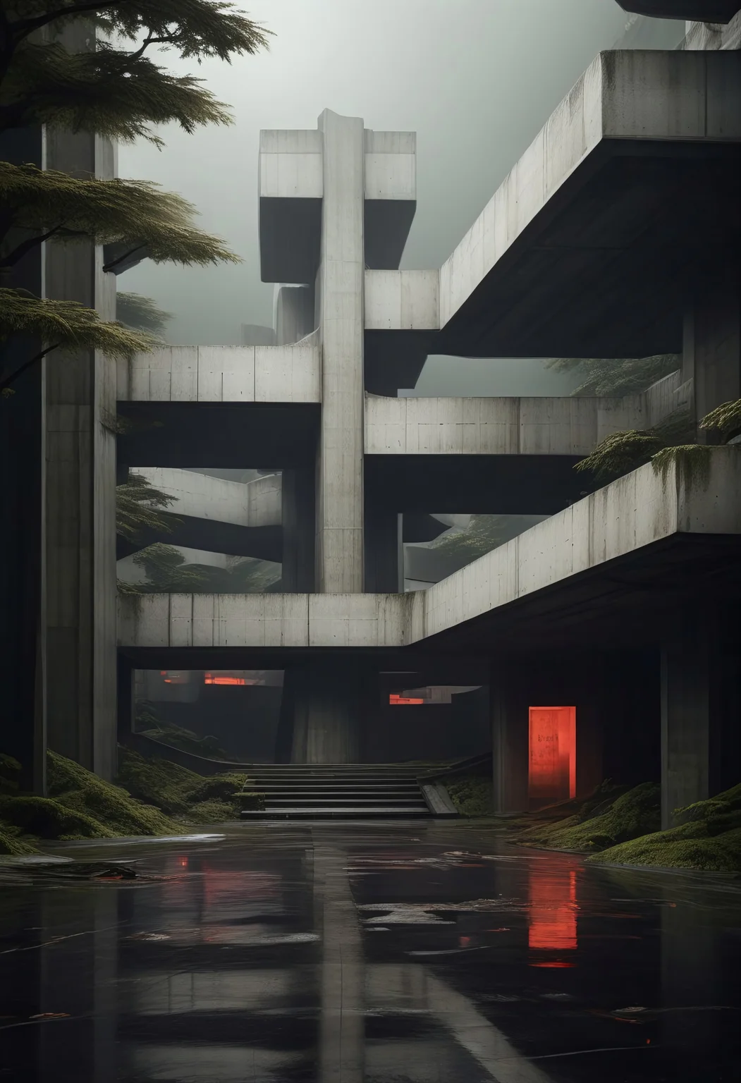 Blame by Tsutomu nihei, no humans, scenery, outdoors, tree, water, torii, building, reflection, architecture, easynegative, deepnegative_v1_75t