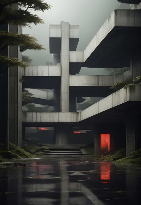Blame by Tsutomu nihei, no humans, scenery, outdoors, tree, water, torii, building, reflection, architecture, easynegative, deepnegative_v1_75t