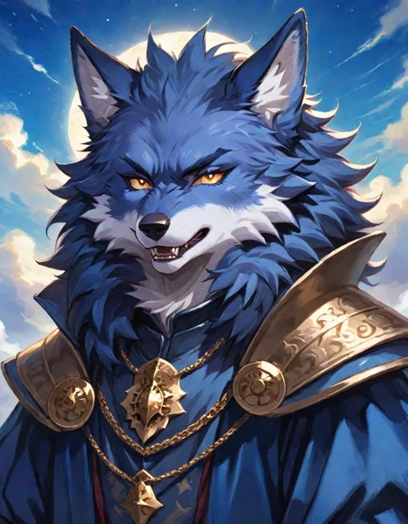 highly detailed, masterpiece, best quality, official art, anime style, (wolf man), furry body, Indigo fur, slight smile, dressed in medieval clothing clothing, character portrait, upper body, day, in the sky is pulsar , <lora:Anime_Furry_Style_SDXL:0.8>