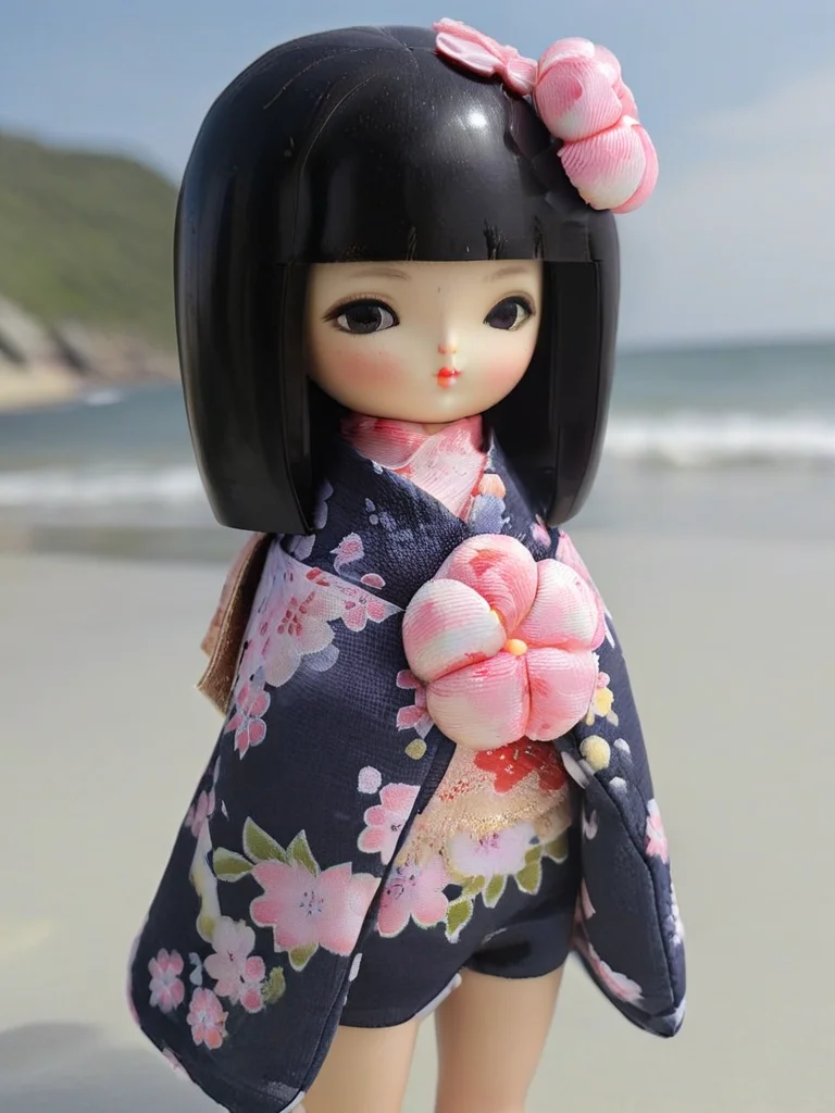 a little MRkokeshiSakura full body doll <lora:MRkokeshiSakura:1> (at the beach:1.4)