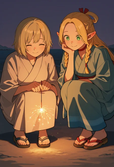 masterpiece, best quality, absurdres, safe
2girls, falin thorden, marcille, senkou hanabi, holding fireworks, sparkler, kimono, squatting, smile
closed eyes, green eyes
<lora:senkou_hanabi_il_d16:1>