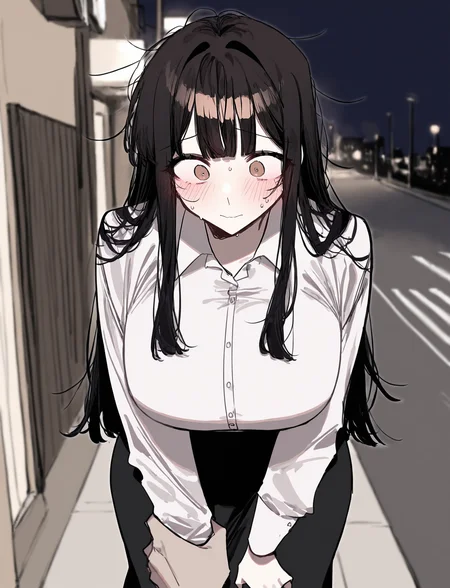 perfect quality, best quality, masterpiece, 1girl, solo,
<lora:rinnaiwahori:1> rinnaiwahori, black hair, brown eyes, messy hair,
white shirt, collared shirt, long sleeves, long skirt, black skirt,
mature female, large breasts, shy, nervous, wide-eyed,
pov, pov hands, holding another's wrist, outdoors, street, city, night,
3j_dangan