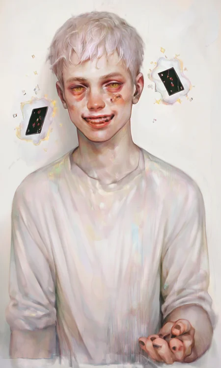 score_9, score_8_up, score_7_up, score_6_up, score_5_up, score_4_up, xhxix style, half body, 1boy, solo, magic props, magic, playing cards, white hair, yellow eyes, white shirt, smug, looking at viewer