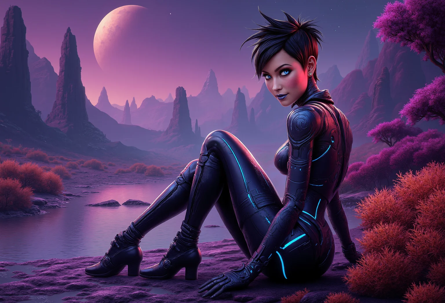 7-RetroFuturism, spaceknights, mad-cyberspace, bordershading . A highly detailed, professional photograph of a petite young woman with a bold, punk-inspired hairstyleâshort, spiked black hair with shaved sides and vibrant red and blue highlights. She wears revealing sleek, form-fitting metallic armor with glowing lines, intricate engravings, visible circuits, and mechanical joints. The matte texture reflects light softly, with subtle wear and tear giving the armor a rugged, used look. Her goth-inspired makeupâdark eyeliner, smoky eyeshadow, and black lipstickâcontrasts with her pale skin. Her eyes glimmer with intensity, reflecting light from distant celestial bodies, blending confidence and allure. She is fully immersed in an alien landscape with towering purple-hued rock formations. Magenta and orange alien shrubs brush against her legs, while loose stones scatter beneath her boots. A calm, shimmering river reflects the glowing planets and moons, casting soft ripples of light onto her armor. The sky, filled with massive planets and glowing moons, bathes the scene in ethereal light, while soft mist rises from the river and faint auroras ripple across the sky. close-up capturing her in sitting with her back to the camera, turning slightly. Her facial expression shows playful smile . Her lipstick and smoky eyeshadow enhance her allure, with her eyes reflecting the glowing celestial bodies above. Dynamic lighting casts shifting shadows across her armor, while tiny glowing particles float through the air, casting soft, moving shadows on her body. The entire scene is immersive and photorealistic, with the alien plants, river, and rugged terrain interacting naturally with her, grounding her firmly in this exotic, alien world. , <lora:Neon_Cyberpunk_Cyberspace_FLUX.safetensors:0.5:0.5> <lora:Retro Futurism FLUX.safetensors:0.5:0.5> <lora:spaceknights-FLUX_000003750.safetensors:0.5:0.5> <lora:bordershading_flux_v1.safetensors:0.75:0.75>