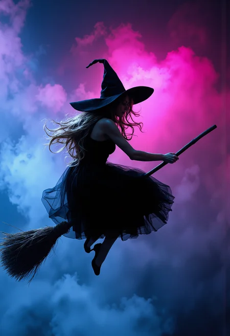 A witch flies through the air on a black broomstick, wearing a wide-brimmed black hat. She holds onto the broom with two hands. Her hair is long, wavy, light brown in colour with soft highlights. She is wearing a black dress with an airy tulle skirt that is slightly blurred in movement. Her legs are bent and her feet point downwards. The stage is lit with two-colour light: soft blue light on the left and warm magenta on the right, creating a mystical and dreamy atmosphere. The background is a gradient of smoky clouds going from pink to blue, giving depth to the image. <lora:FluxMythP0rtr4itStyle:0.8> MythP0rt, <lora:aidmaMJ6.1-FLUX-V0.2:0.6> aidmaMJ6.1, <lora:sxz-Dark-Fantasy-v2-Flux:0.66> drkfnts style,