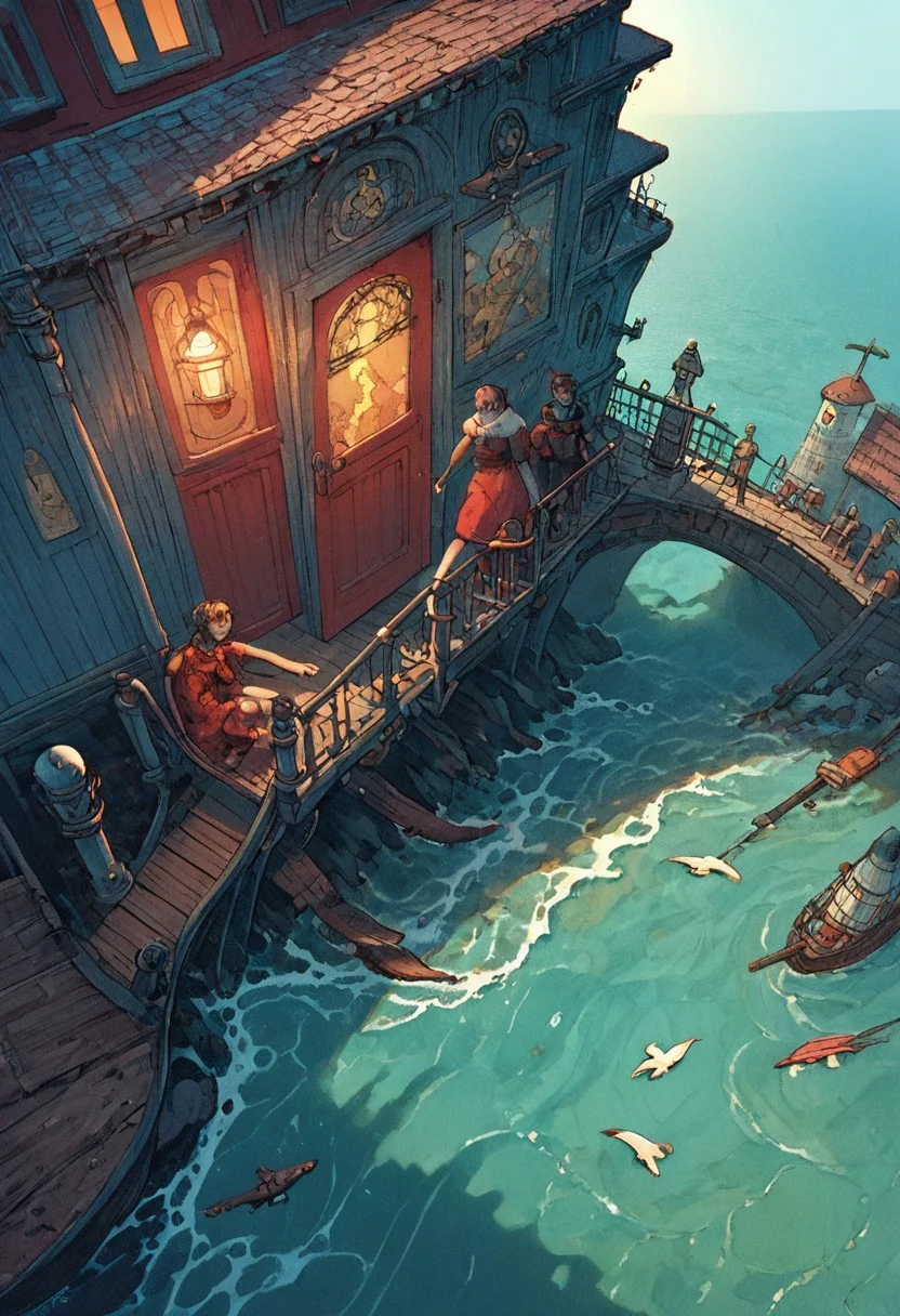 score_9, score_8_up, score_7_up, vibrant digital illustration, picturesque coastal scene, blue wooden lighthouse, red door, small enclosed balcony, rocky outcrop, turquoise ocean, waves crashing, warm yellow light, illuminated windows, cozy glow, wooden pier, small dock, fishing boat, moored boat, street lamps, nostalgic atmosphere, dramatic sky, fluffy pink and orange clouds, setting sun, deep blue sky, seagulls mid-flight, motion and life, smooth polished texture, sharp lines, vibrant colors, mid-20th century coastal style, realism with whimsy. sinozick style, flat color, dark theme, 1g0r, vintageillustration