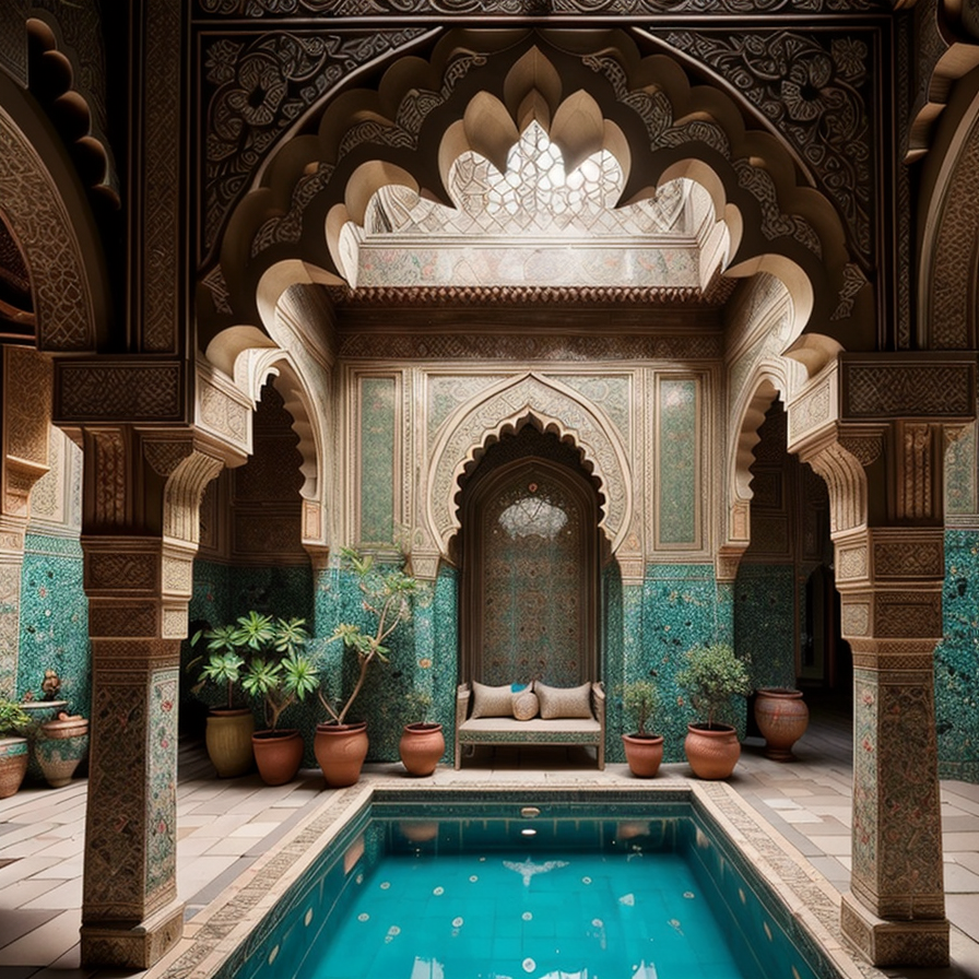 RAW photo, (masterpiece:1.3), subsurface scattering, heavy shadow, (high quality:1.4), (intricate, high detail:1.2), professional photography, HDR, High Dynamic Range, realistic, ultra realistic, photorealistic, high resolution, film photography, ambient lighting, atmospheric effects, <lora:detail_slider_v4:2>, OverallDetail, a large arabian room with a pool, ArIn, <lora:ArabianInteriors-10:1>, epiCPhoto