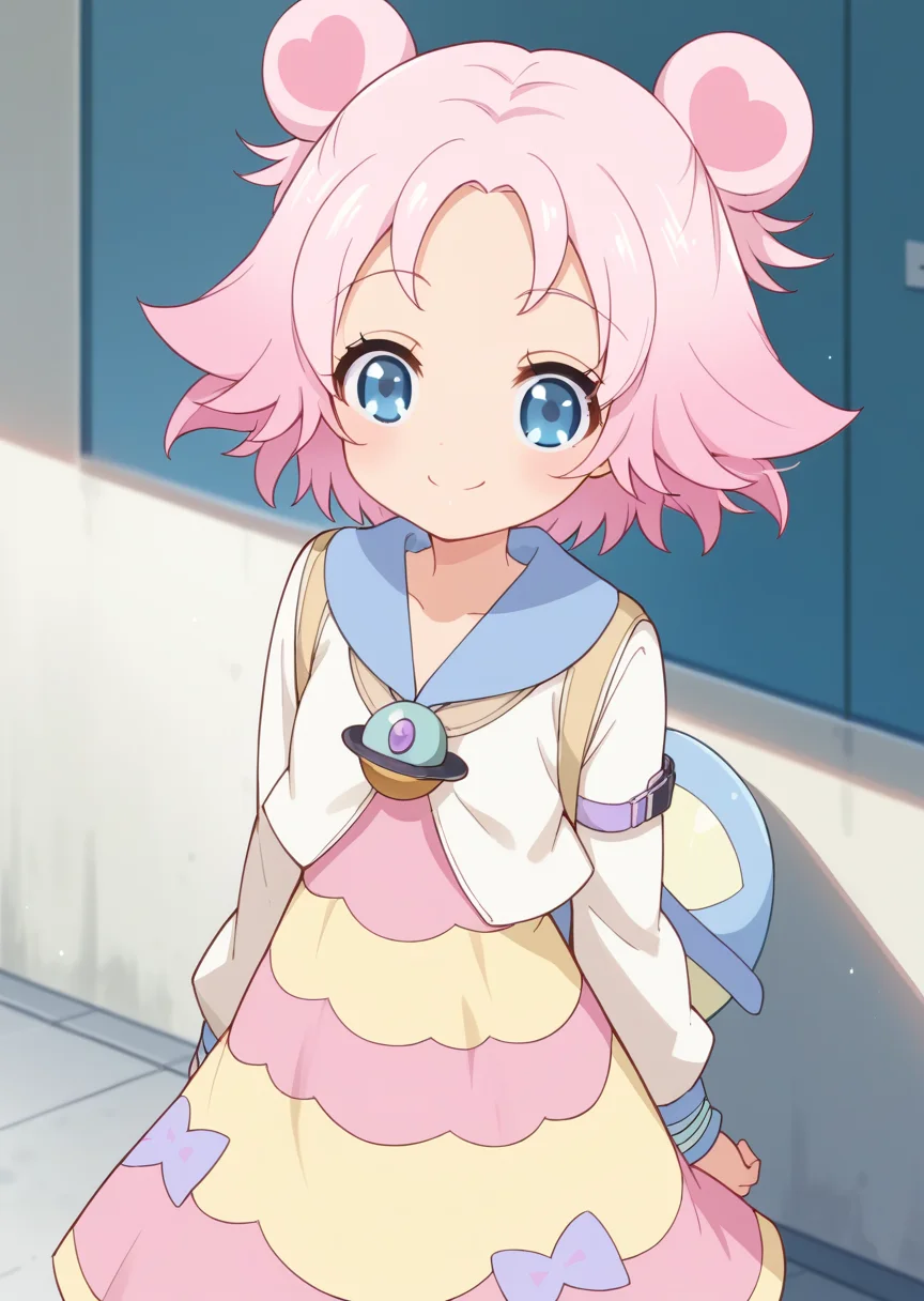 score_9, score_8_up, score_7_up, score_6_up, score_5_up, labra, blue eyes, pink hair, short hair, double bun, dress, 1girl, solo, smile, jacket, jewelry