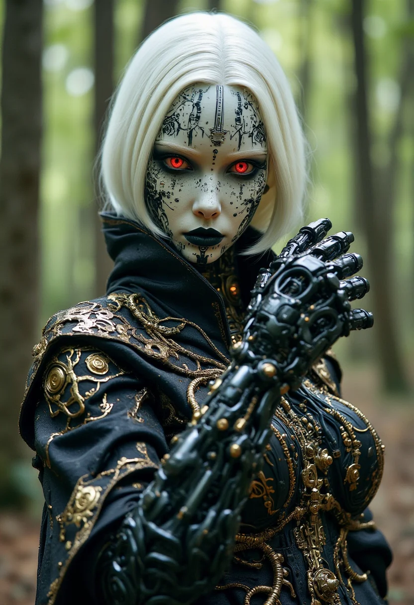 Recypu style, Cyberpunk highly detailed, high-resolution photograph.

A futuristic, gothic-style character with a strikingly intricate design. The character has a pale, almost white face with black, mechanical patterns and symbols covering the skin. Their eyes are vivid red with a slightly glowing effect, giving them a haunting appearance. They have a sleek, platinum blonde bob haircut that contrasts sharply with their dark makeup.

The character is dressed in a black, high-collared, gothic-inspired robe with gold embroidery and ornate detailing, reminiscent of medieval or Victorian fashion. The robe is draped over their shoulders, exposing the upper part of their chest. They are wearing a black, futuristic, armored glove on their right hand, which has a complex, mechanical design with gold accents. The glove is intricately detailed, with various gears and cogs visible.

The background is a soft, blurred forest scene, suggesting an outdoor setting, with green foliage and muted light filtering through the trees. The overall style of the image is a blend of gothic and cyberpunk aesthetics, with a focus on intricate, high-tech details and a dark, mysterious atmosphere.